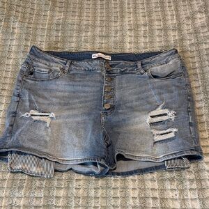 KanCan Light Blue Distressed Button-Fly Denim Shorts